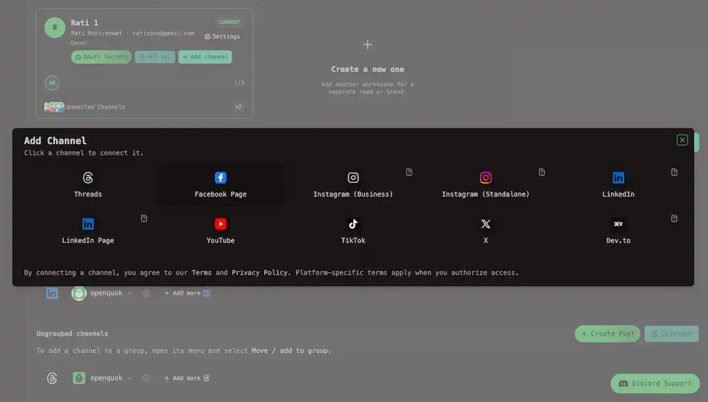 Open The modal to connect a channel