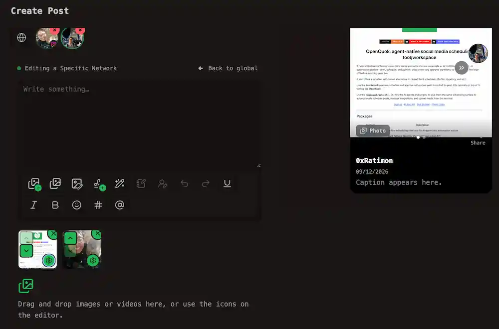 Post editor with attached media and preview 