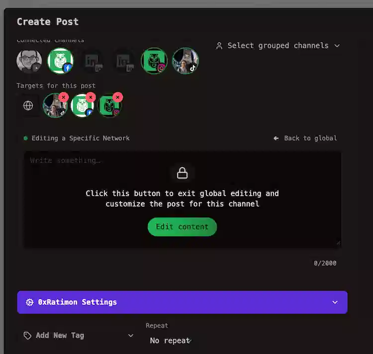 Exit global mode to customize one channel