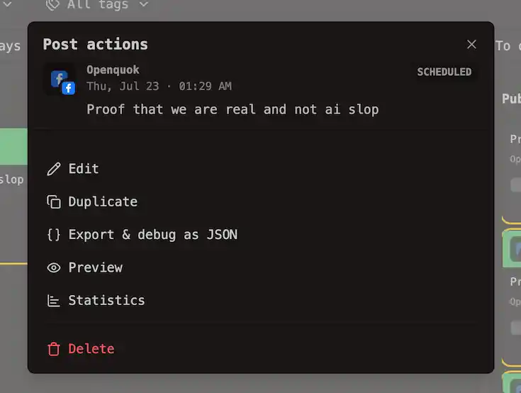 Post Actions Modal