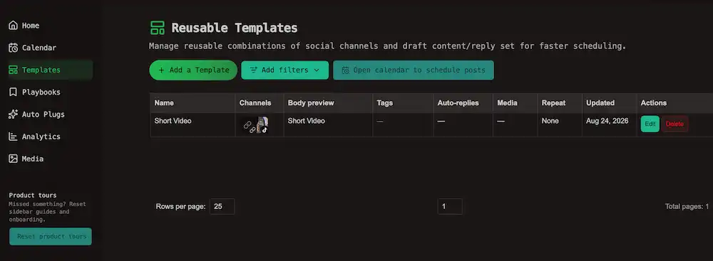 List of saved templates