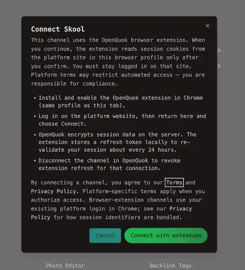Skool browser-extension connect notice in Add Channel