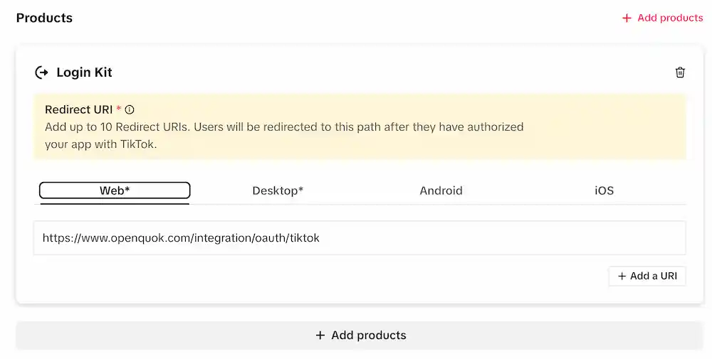 Add Web Redirect Url