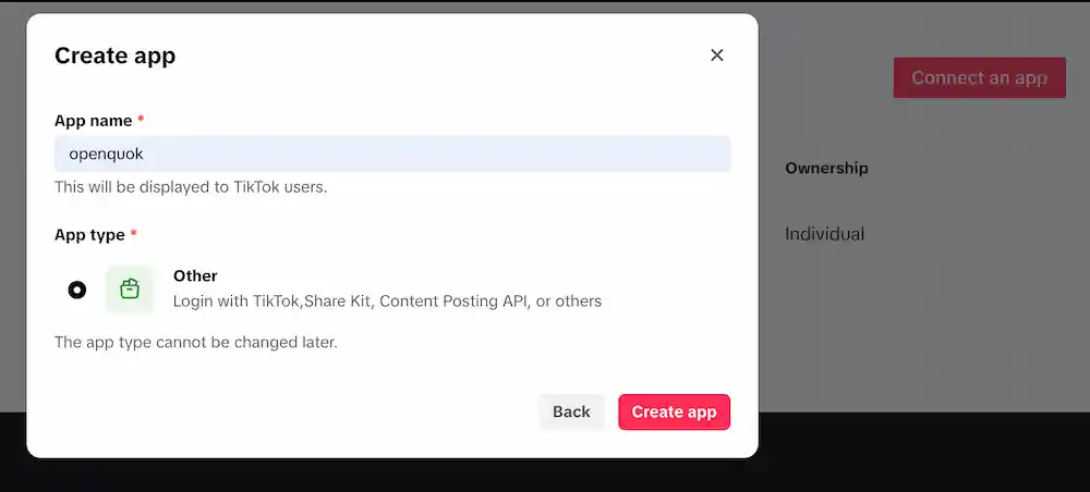 Create New Tiktok App